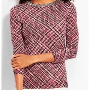 Talbots Pink Purple Plaid Merino Wool Sweater Rhinestone Collar Beaded Crystal